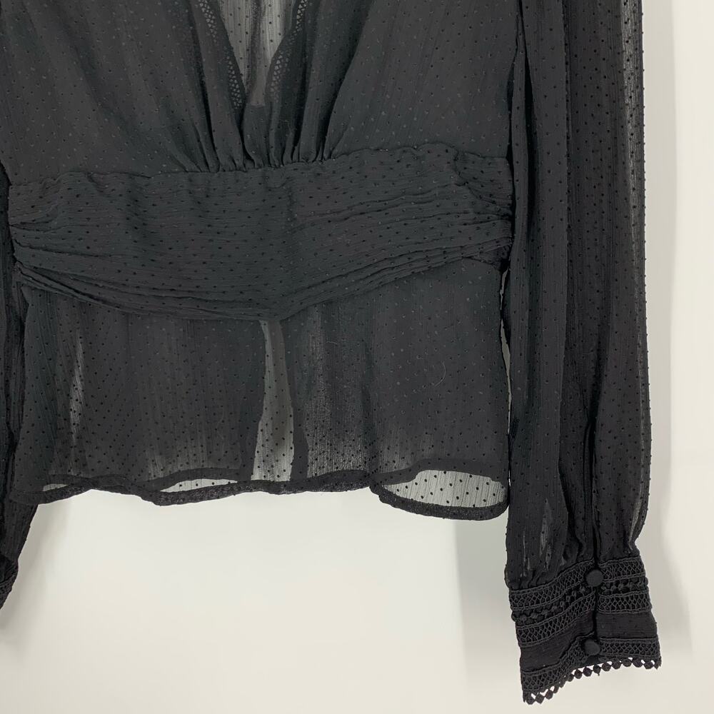 Zara Blouse Women XS Black Sheer Swiss Dot‎ Lace Trim V-Neck Long Sleeve - Picture 5 of 7